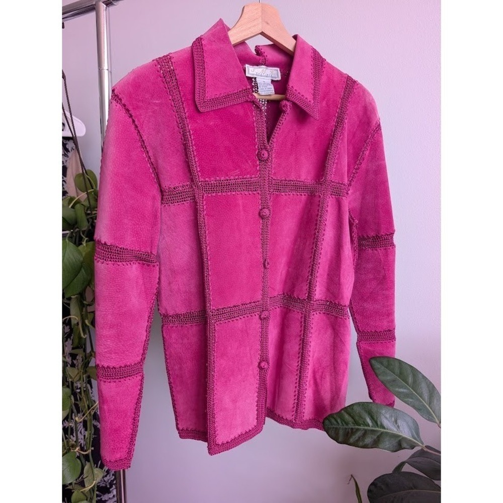 Vintage Y2K patchwork leather jacket S crochet trim beaded pink western festival